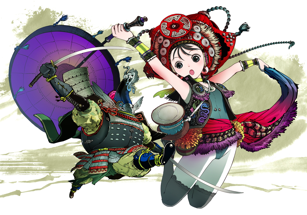 nagasawa shin, original, 1girl, black hair, blue eyes, hat, sword, thighhighs, weapon