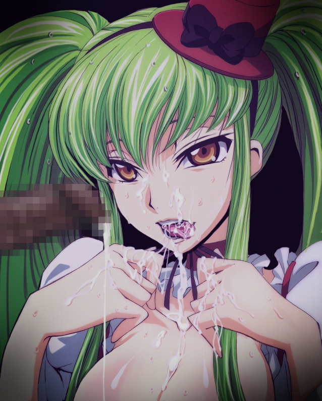 warainaku, c.c., code geass, hyottokoaki, third-party edit, 00s, 1girl, bukkake, censored, cum, cum in mouth, cum on body, cum on tongue, facial, green hair, hat, mini hat, mini top hat, penis, solo, tongue, top hat, twintails, yellow eyes