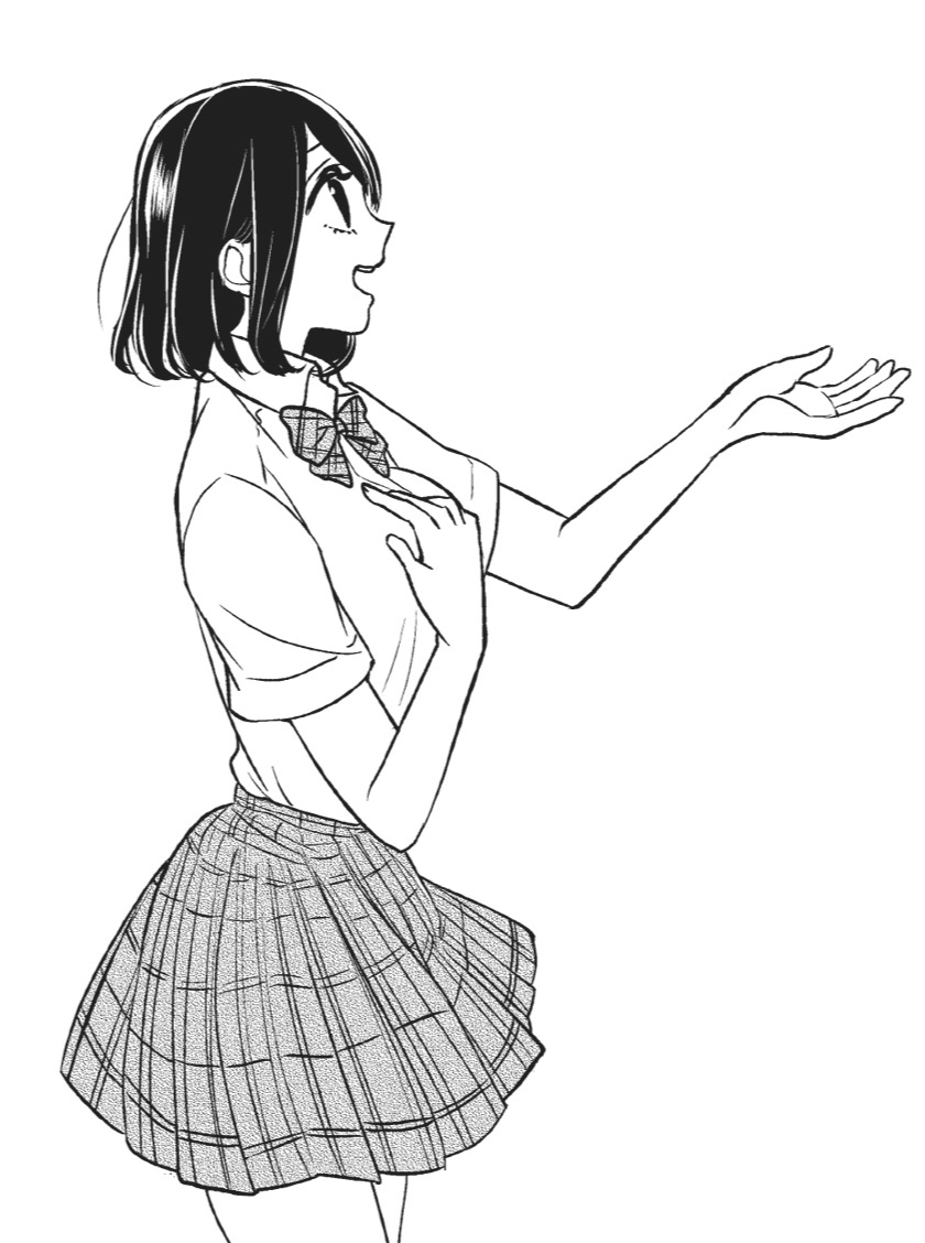 mesubarutan, takasaki misaki (koi to uso), koi to uso, non-web source, :d, black hair, bow, breasts, collared shirt, from side, hand on own chest, large breasts, monochrome, open mouth, pleated skirt, school uniform, shirt, short sleeves, skirt, smile, thighs