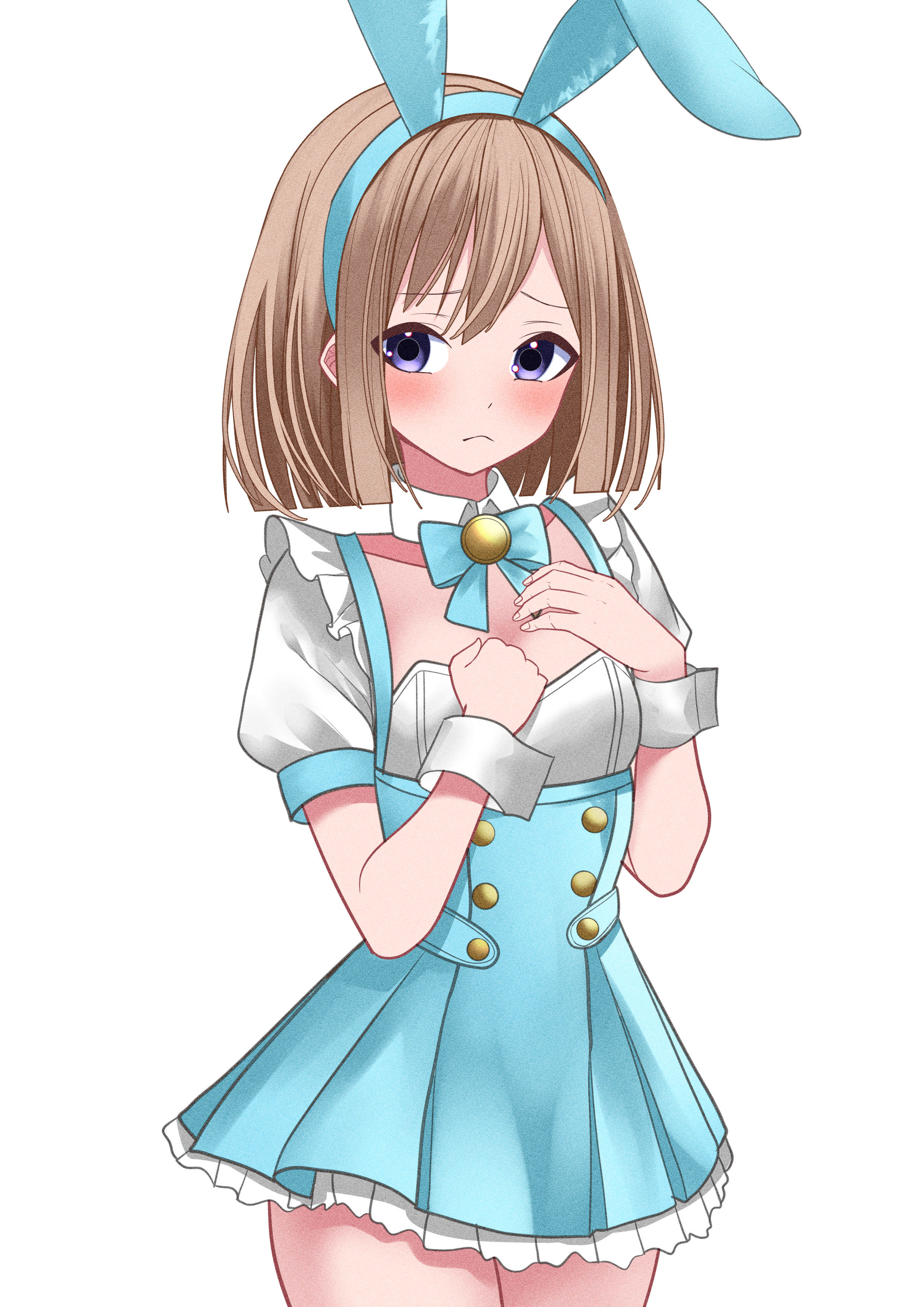 xueli shimazaki, rom (neptunia), choujigen game neptune, neptune (series), absurdres, commentary, english commentary, highres, 1girl, animal ear hairband, animal ears, blue eyes, breasts, brown hair, fake animal ears, hairband, medium hair, rabbit ears, short sleeves, sidelocks, simple background, skirt, small breasts, solo, white background, white skirt, white wrist cuffs, wrist cuffs