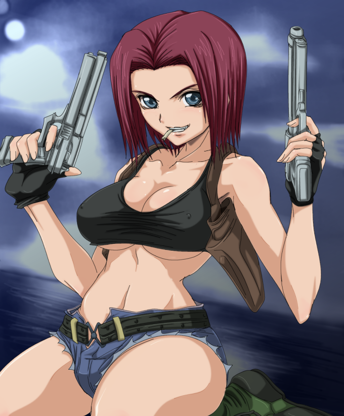 madhatter hello, kouzuki kallen, revy (black lagoon), black lagoon, code geass, 1girl, beretta 92, blue eyes, breasts, cigarette, cosplay, crossover, denim, denim shorts, dual wielding, female focus, fingerless gloves, gloves, gun, handgun, holding, holster, large breasts, midriff, pistol, plump, red hair, revy (black lagoon) (cosplay), shorts, smoking, solo, tank top, underboob, weapon