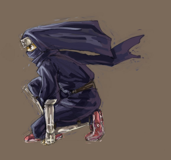 kasuga yukihito, kasuga misora, mahou sensei negima!, 00s, 1girl, brown background, cloak, covered mouth, female focus, from side, full body, gauntlets, headband, hood, hooded cloak, logo, long sleeves, ninja, profile, simple background, solo