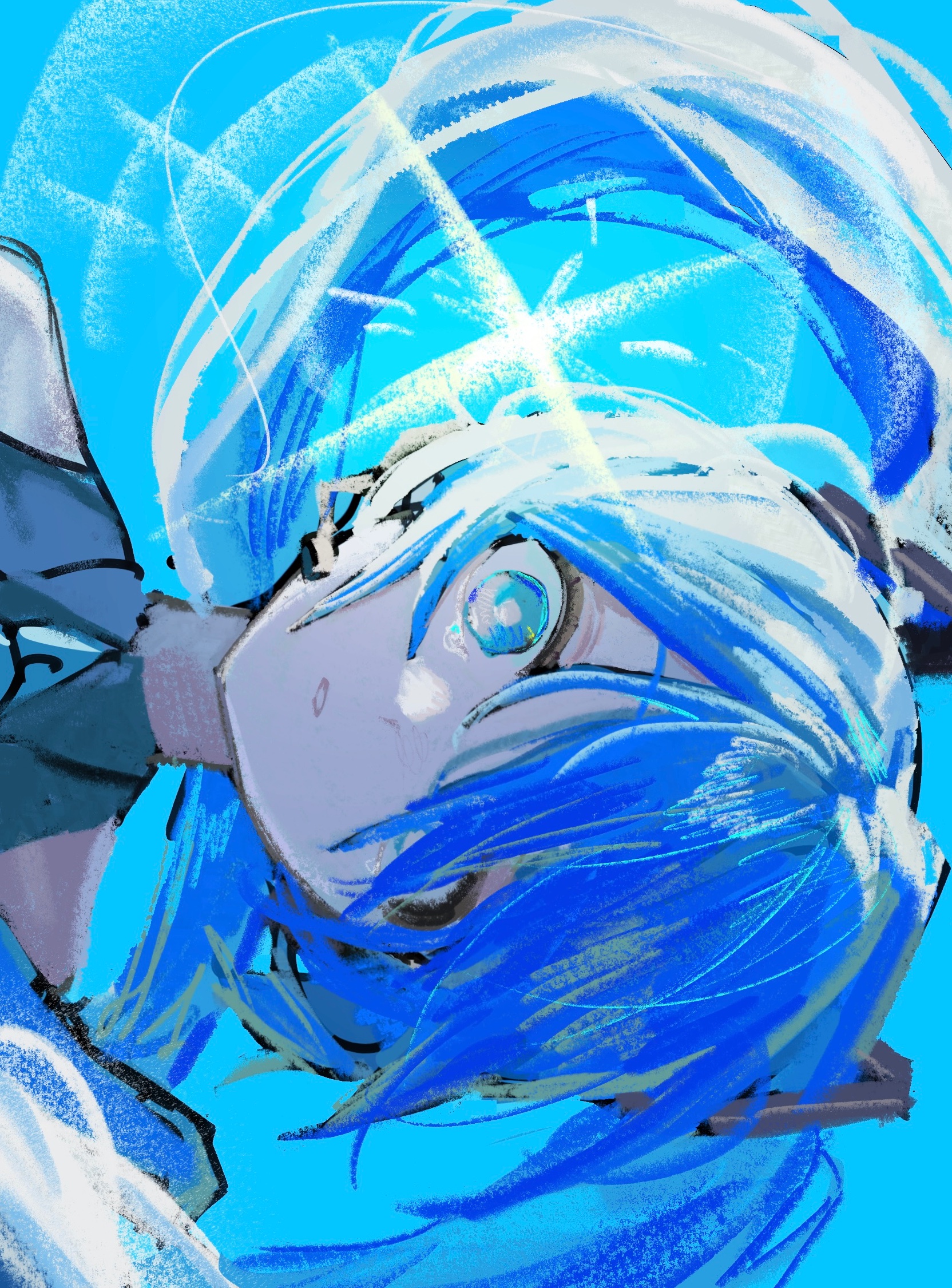 hatsune miku, vocaloid, highres, 1girl, bare shoulders, blue background, blue eyes, blue hair, floating hair, grey shirt, h5migrx6ne78395, hair over one eye, headphones, headset, long hair, looking at viewer, parted lips, portrait, shirt, sideways, simple background, sleeveless, sleeveless shirt, solo, twintails