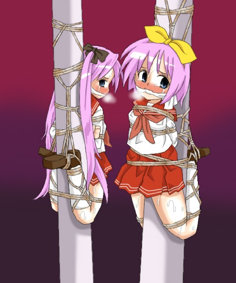 lilish, hiiragi kagami, hiiragi tsukasa, lucky star, 00s, 2girls, arms behind back, bdsm, blush, bondage, bound, box tie, cleave gag, cloth gag, female focus, gag, gagged, improvised gag, multiple girls, pole, poletie, rope, siblings, sisters, sweat, twins