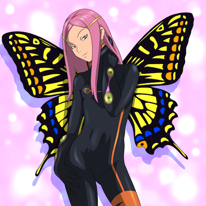 nike (0306), anemone (eureka seven), eureka seven, eureka seven (series), 00s, 1girl, bodysuit, bug, butterfly, female focus, flat chest, insect, long hair, mecha pilot suit, pink eyes, pink hair, plugsuit (evangelion), single vertical stripe, skin tight, solo, spandex, wings