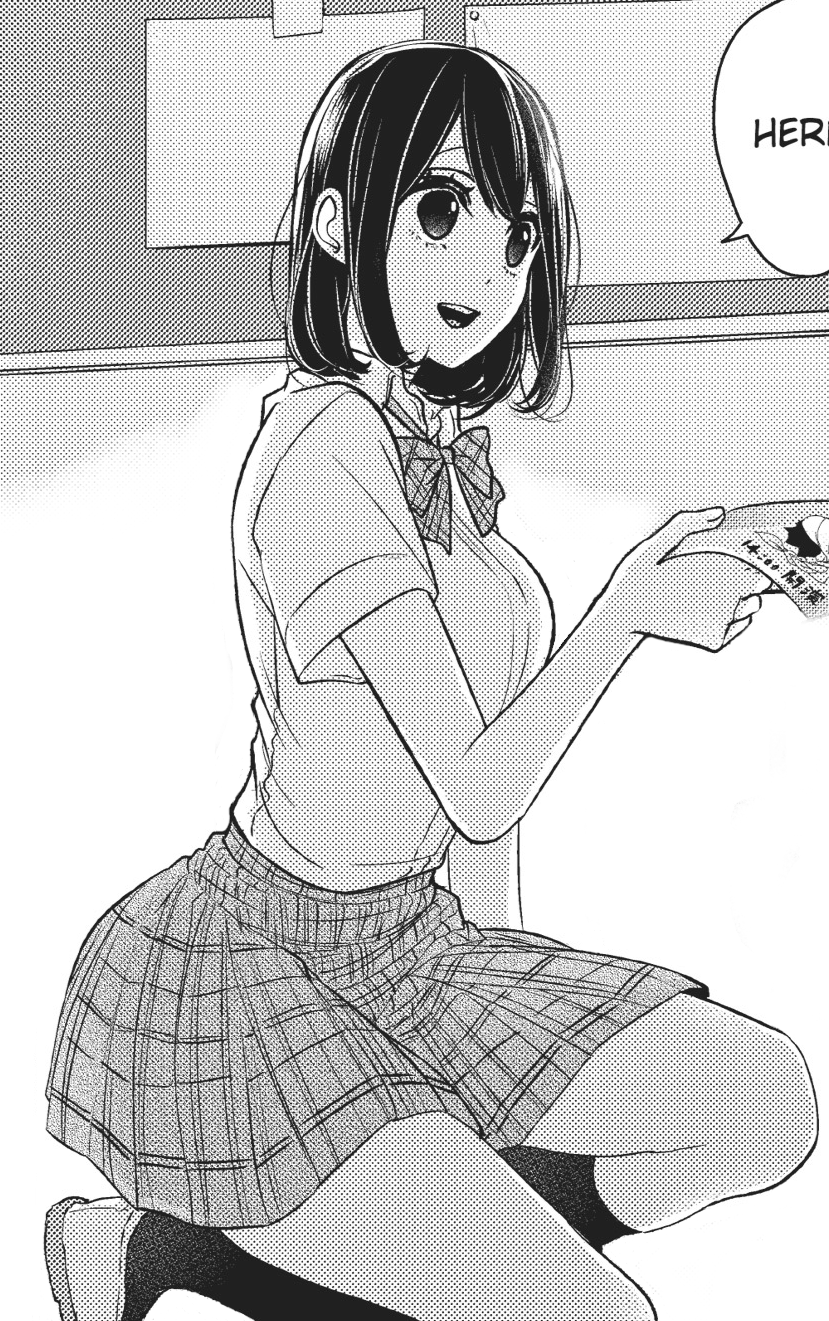 mesubarutan, takasaki misaki (koi to uso), koi to uso, highres, non-web source, black hair, black socks, bow, breasts, collared shirt, holding, kneehighs, large breasts, monochrome, pleated skirt, school uniform, shirt, short sleeves, sitting, skirt, socks, speech bubble, thighs