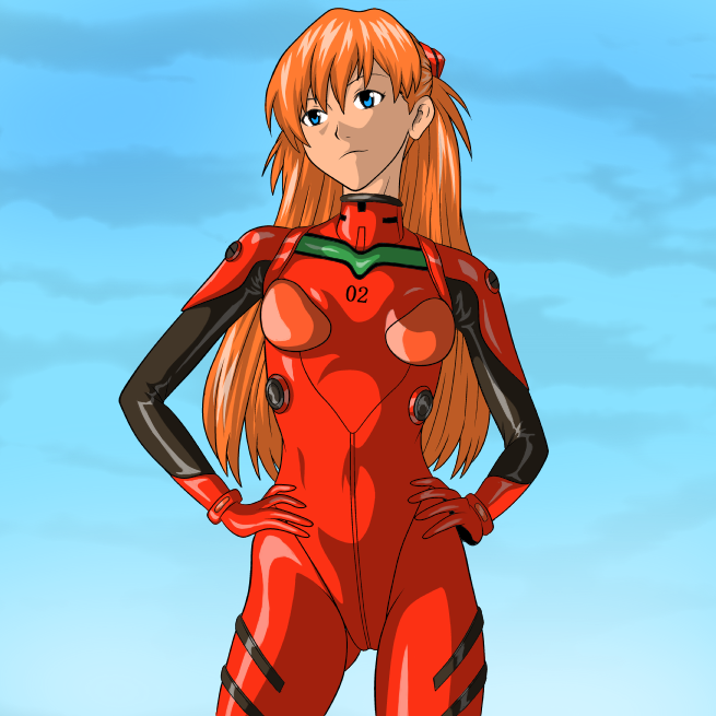 nike (0306), souryuu asuka langley, neon genesis evangelion, 1girl, blue eyes, bodysuit, bracer, breasts, closed mouth, cloud, cowboy shot, curvy, day, facing viewer, female focus, gloves, hair between eyes, hands on own hips, headgear, long hair, looking to the side, mecha pilot suit, orange hair, outdoors, plugsuit (evangelion), shiny clothes, sky, small breasts, smile, smirk, solo, standing, turtleneck, two side up, wide hips