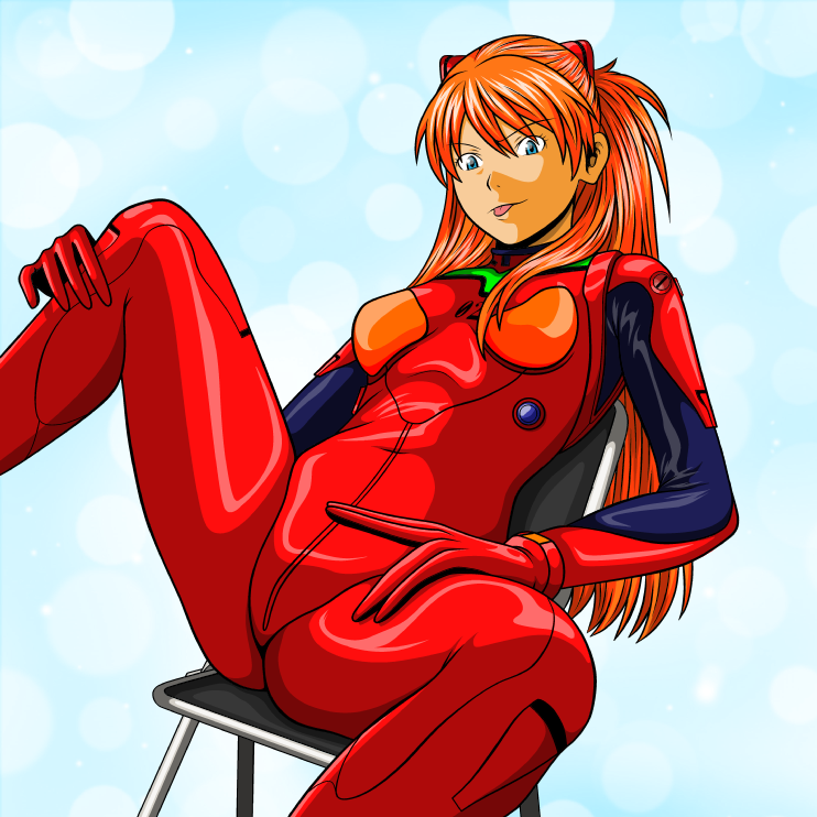 nike (0306), souryuu asuka langley, neon genesis evangelion, bad id, bad pixiv id, 1girl, :p, blue background, blue eyes, blurry, bodysuit, bokeh, bracer, breasts, breasts apart, chair, depth of field, female focus, folding chair, hair between eyes, hairpods, hand on own thigh, leg up, long hair, looking at viewer, mecha pilot suit, on chair, orange hair, parted bangs, plugsuit (evangelion), red bodysuit, simple background, sitting, solo, spread legs, tongue, tongue out, two side up, v-shaped eyebrows