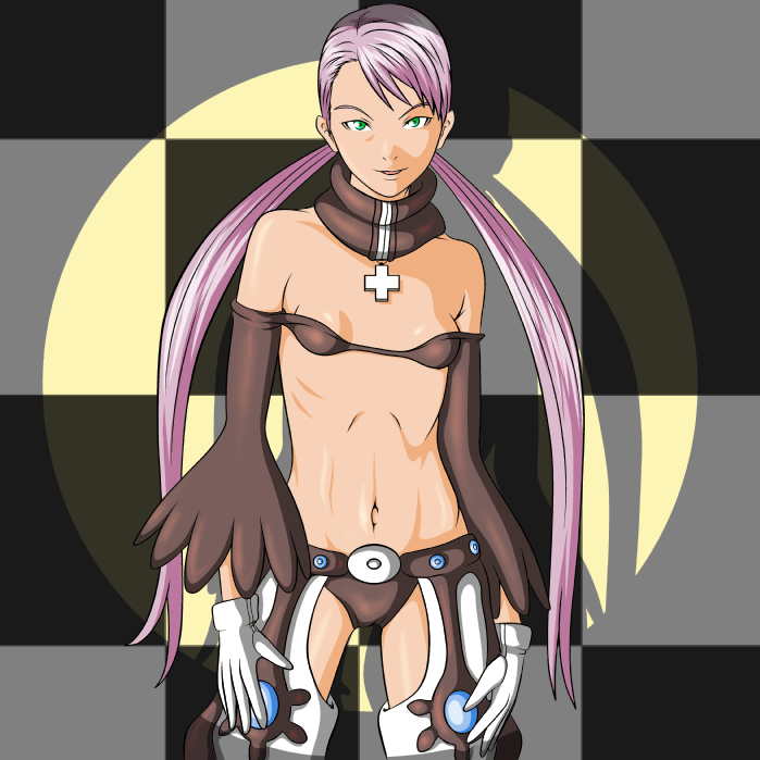 nike (0306), cynthia lane, overman king gainer, 00s, detached sleeves, flat chest, gloves, green eyes, long hair, midriff, pink hair, solo, twintails