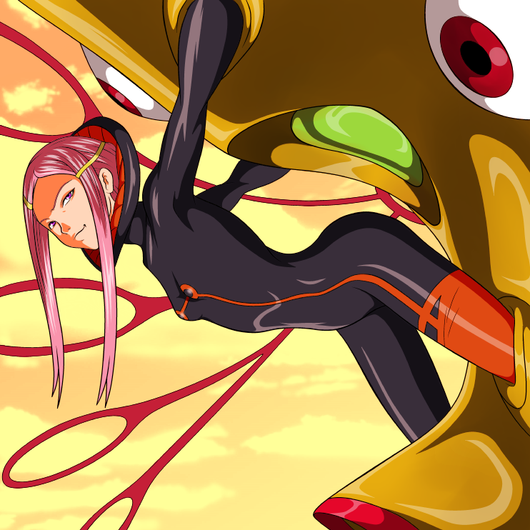nike (0306), anemone (eureka seven), theend, eureka seven, eureka seven (series), 00s, 1girl, black bodysuit, bodysuit, cockpit, female focus, flat chest, latex, long hair, mecha pilot suit, pink eyes, pink hair, plugsuit (evangelion), restrained, single vertical stripe, skin tight, solo, spandex, stationary restraints