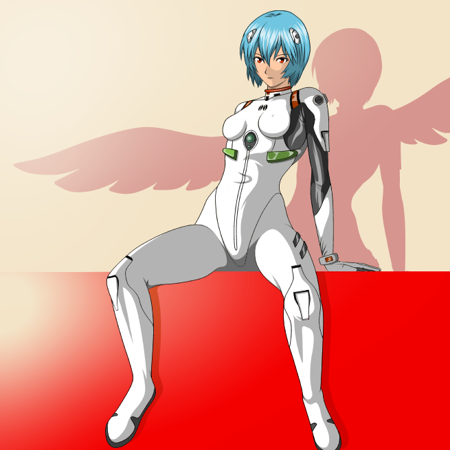 nike (0306), ayanami rei, neon genesis evangelion, blue hair, interface headset (evangelion), mecha pilot suit, plugsuit (evangelion), red eyes, short hair, sitting, solo, wings