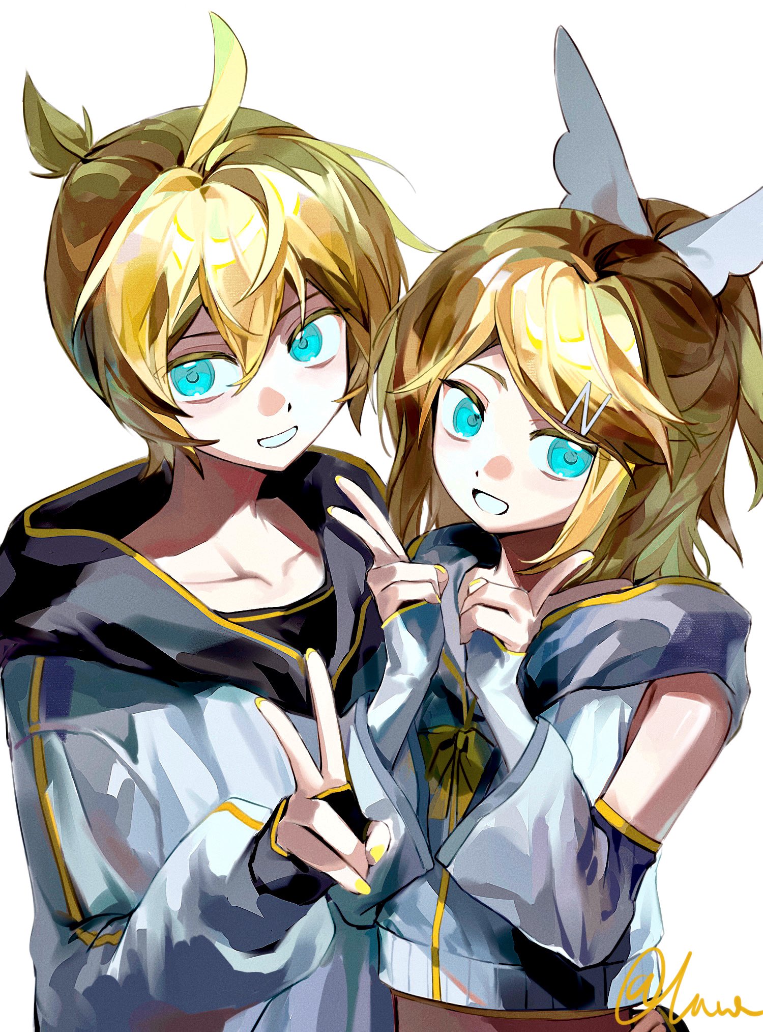 feiwusheng, kagamine len, kagamine rin, piapro studio, vocaloid, highres, 1boy, 1girl, ahoge, aqua eyes, bare shoulders, black shirt, blonde hair, blue eyes, bow, collarbone, crop top, detached sleeves, double v, grey sleeves, grin, hair bow, hair ornament, hairclip, hood, hood down, hoodie, jacket, kagamine len (nt), kagamine rin (nt), long sleeves, looking at viewer, open mouth, ponytail, shirt, short hair, short ponytail, siblings, signature, simple background, sleeveless, smile, swept bangs, upper body, v, white background, white bow, yellow nails