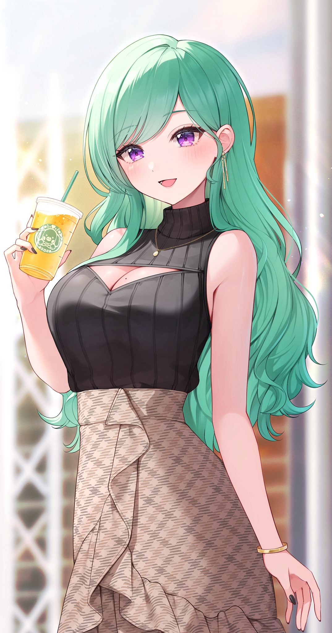 tyabesu, yakumo beni, vspo!, commentary request, highres, 1girl, :d, bare arms, black nails, black sweater, blurry, blurry background, bracelet, breasts, brown skirt, cleavage, cleavage cutout, clothing cutout, cup, disposable cup, frilled skirt, frills, green hair, hand up, high-waist skirt, holding, holding cup, jewelry, large breasts, long hair, looking at viewer, mole, mole on breast, nail polish, necklace, open mouth, purple eyes, ribbed sweater, skirt, sleeveless, sleeveless turtleneck, smile, solo, sweater, turtleneck, turtleneck sweater, virtual youtuber, wavy hair