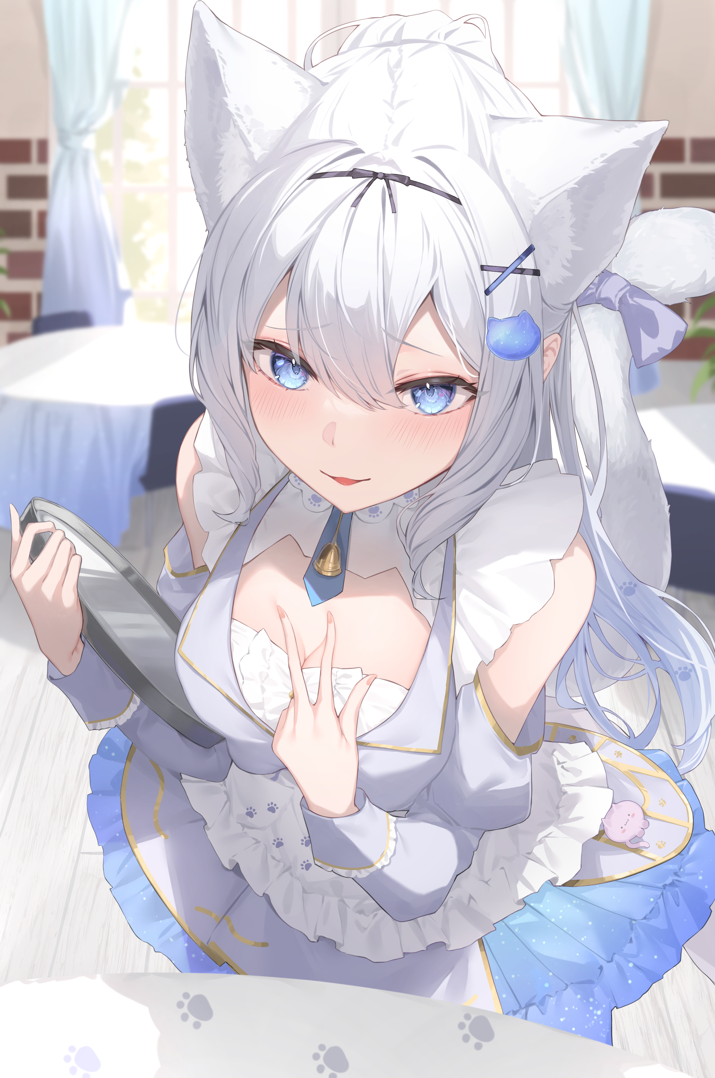 koyokurosuki, original, absurdres, commission, highres, skeb commission, 1girl, animal ears, bed, blue eyes, blue necktie, blush, bow, breasts, cat ears, cat girl, cat tail, clothing cutout, detached sleeves, dress, frills, grey hair, hair between eyes, hair ornament, holding, holding tray, indoors, large breasts, long hair, long sleeves, necktie, parted lips, ribbon, smile, tail, tail bow, tail ornament, tray, upper body, virtual youtuber, white hair, x hair ornament