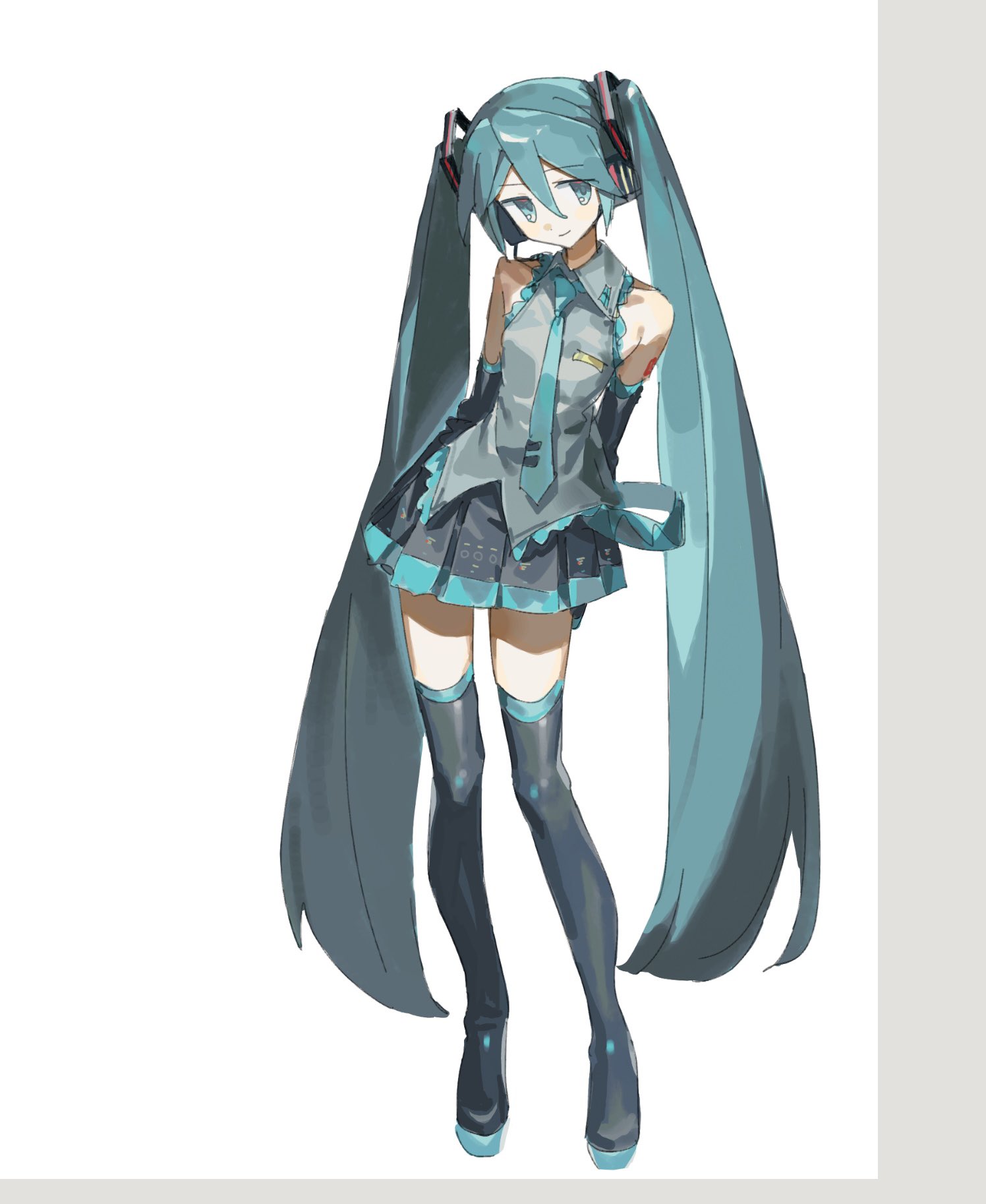 krlouvf, hatsune miku, vocaloid, highres, 1girl, aqua eyes, aqua hair, aqua necktie, arms behind back, bare shoulders, black skirt, black sleeves, black thighhighs, boots, closed mouth, collared shirt, detached sleeves, full body, grey shirt, hair between eyes, hair ornament, headphones, headset, long hair, looking at viewer, miniskirt, necktie, pleated skirt, shirt, simple background, skirt, sleeveless, sleeveless shirt, smile, solo, standing, thigh boots, thighhighs, twintails, very long hair, white background, zettai ryouiki