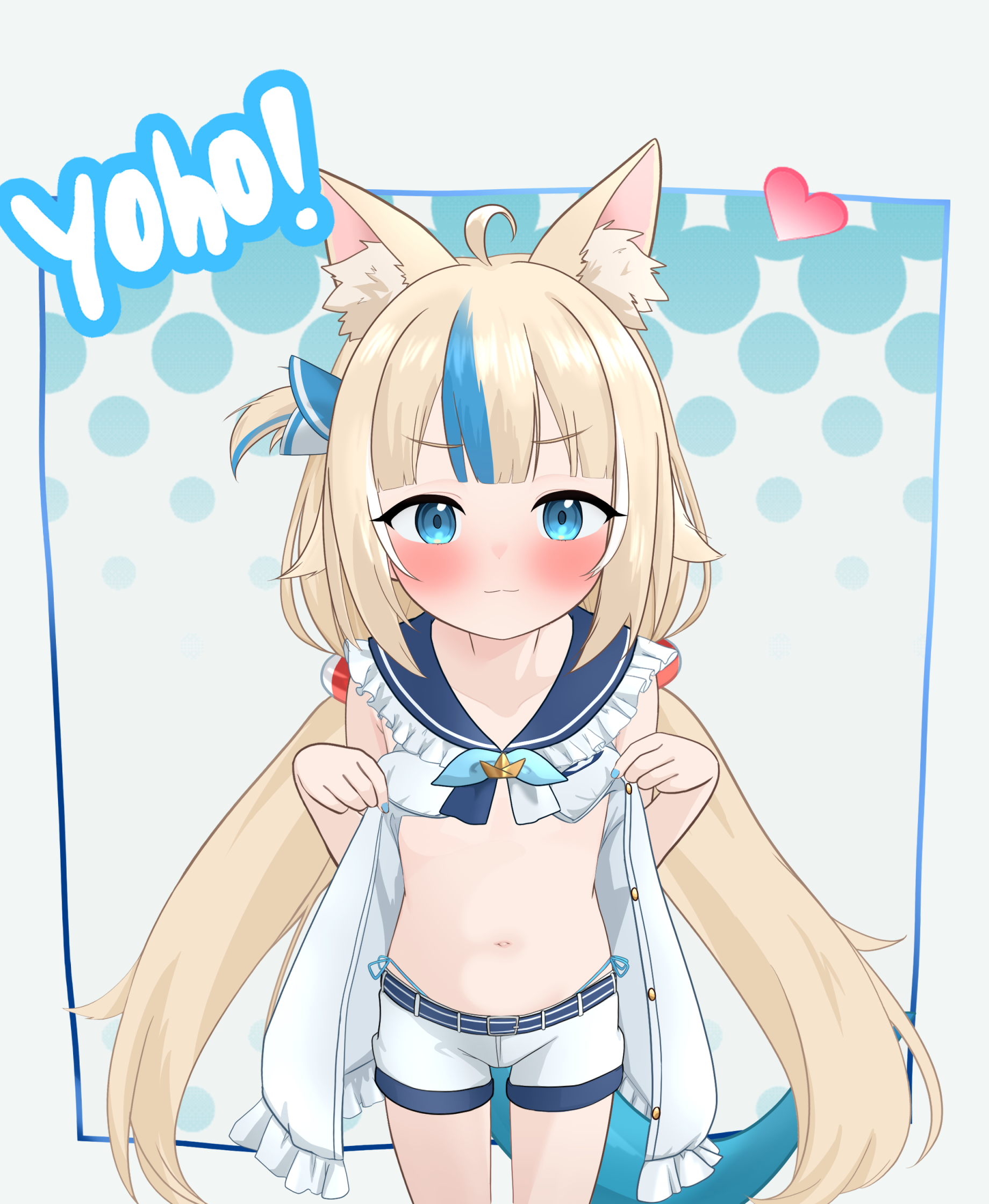 fujimaroni, sameko saba, indie virtual youtuber, highres, animal ear fluff, animal ears, belt, bikini, bikini under clothes, blonde hair, blue eyes, blush, dress, fins, fish tail, heart, lifebuoy hair ornament, long hair, looking at viewer, low twintails, multicolored hair, navel, open clothes, open dress, shorts, side-tie bikini bottom, sleeveless, sleeveless dress, stomach, streaked hair, swimsuit, tail, thighs, twintails, virtual youtuber, white dress, white shorts