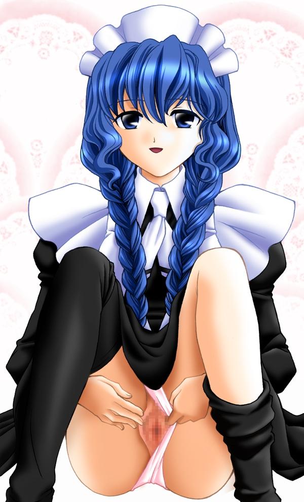 yuzuki (chobits), chobits, artist request, 00s, 1girl, blue eyes, blue hair, braid, censored, clothing aside, female focus, maid, matching hair/eyes, panties, panties aside, pussy, sitting, smile, solo, spread pussy, thighhighs, twin braids, underwear