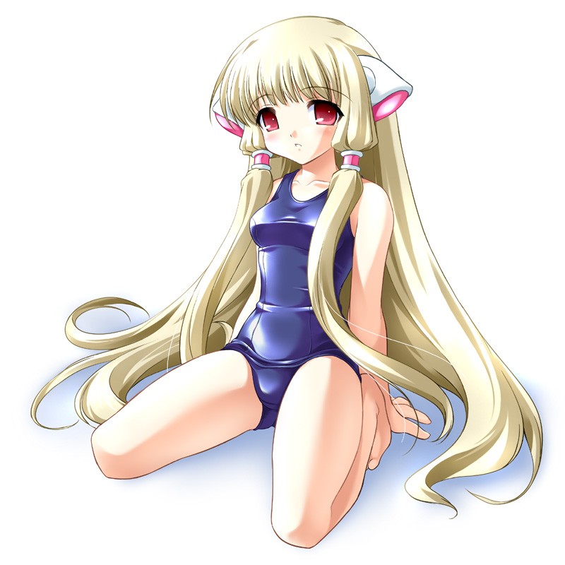 sorimura youji, chii, chobits, 00s, 1girl, arm support, blonde hair, female focus, long hair, one-piece swimsuit, parted lips, red eyes, school swimsuit, sitting, solo, swimsuit
