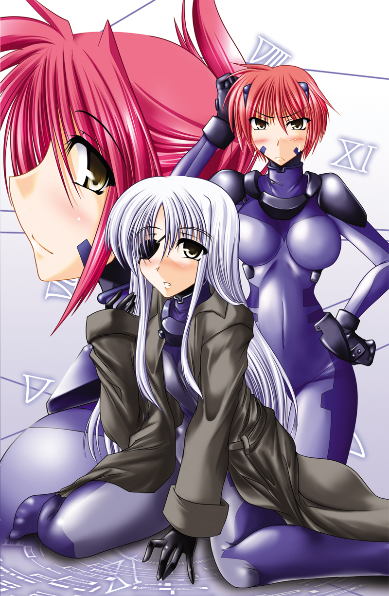 cinque (nanoha), nove (nanoha), numbers (nanoha), wendi (nanoha), lyrical nanoha, mahou shoujo lyrical nanoha, mahou shoujo lyrical nanoha strikers, highres, 00s, 3girls, blush, bodysuit, coat, eyepatch, gloves, grey eyes, long hair, multiple girls, red hair, shiny clothes, short hair, skin tight, spandex, trench coat