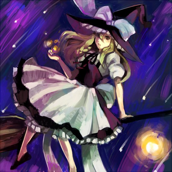 kawwa, kirisame marisa, touhou, bad id, bad pixiv id, 1girl, apron, black hat, black ribbon, black shoes, black skirt, black vest, blonde hair, bow, braid, broom, broom riding, female focus, flying sweatdrops, frilled apron, frills, hair between eyes, hat, hat bow, hat ribbon, holding, lantern, long hair, neck ribbon, open mouth, puffy short sleeves, puffy sleeves, ribbon, shirt, shoes, short sleeves, skirt, solo, star (symbol), vest, waist apron, white apron, white bow, white ribbon, white shirt, witch, witch hat