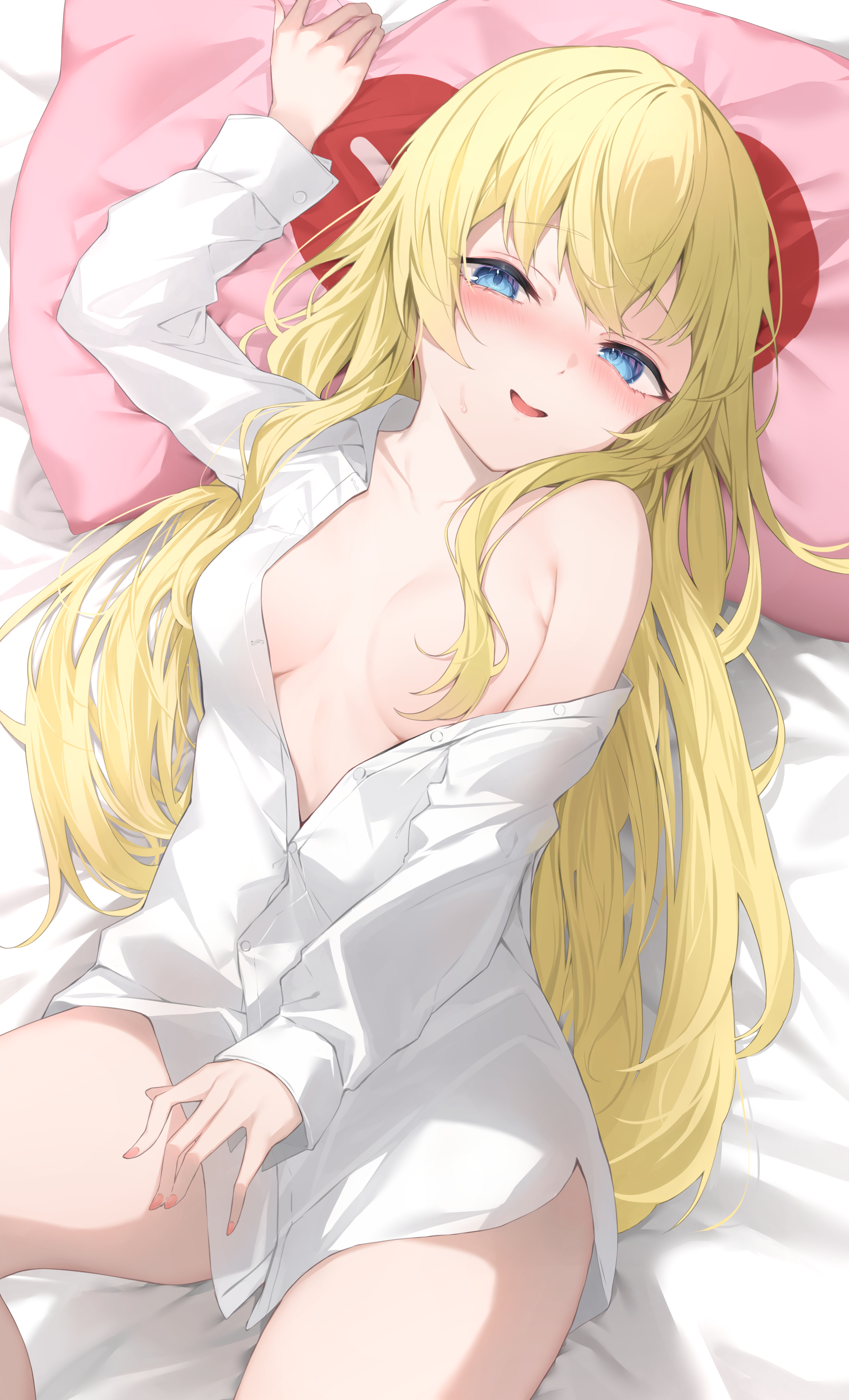 koyokurosuki, original, absurdres, commission, highres, skeb commission, 1girl, arm up, blonde hair, blue eyes, blush, breasts, collarbone, hair censor, hair over breasts, hair over one breast, long hair, long sleeves, looking at viewer, lying, naked shirt, off shoulder, on back, on bed, open clothes, open mouth, open shirt, partially unbuttoned, shirt, single bare shoulder, small breasts, solo
