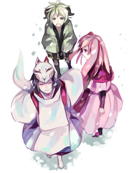 kawwa, original, bad id, bad pixiv id, 1girl, 2boys, animal ears, fox mask, green hair, japanese clothes, mask, multiple boys, pink hair, purple hair, snow