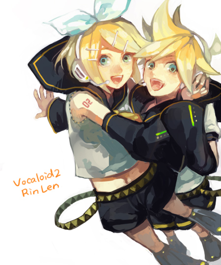 kawwa, kagamine len, kagamine rin, vocaloid, bad id, bad pixiv id, 1boy, 1girl, aqua eyes, blonde hair, brother and sister, detached sleeves, headset, siblings, twins