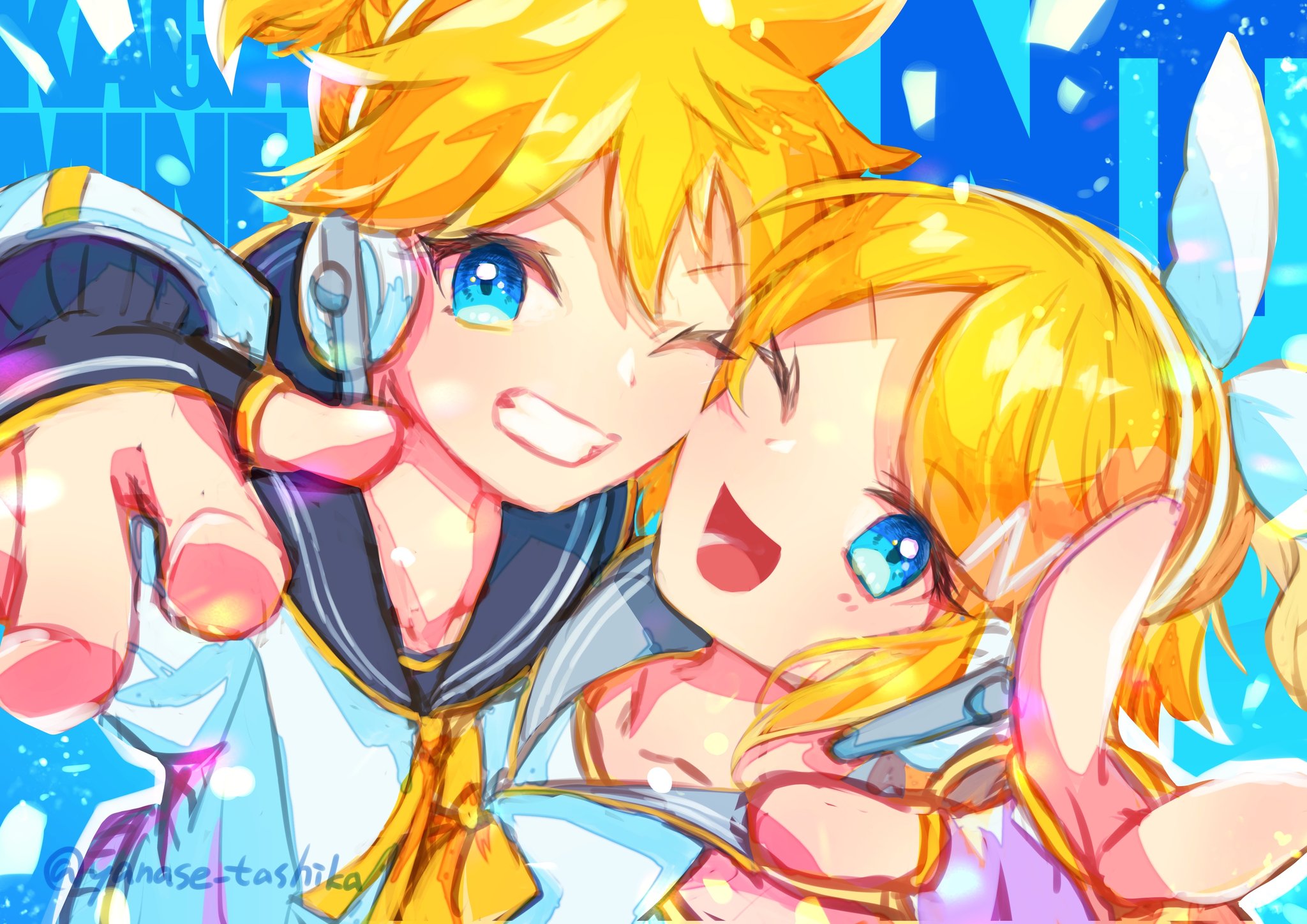 yanase tashika, kagamine len, kagamine rin, piapro studio, vocaloid, highres, 1boy, 1girl, anniversary, arm warmers, black sailor collar, blonde hair, blue background, blue eyes, bow, cheek-to-cheek, detached sleeves, foreshortening, grey sailor collar, grin, hair bow, hair ornament, hairclip, headphones, heads together, kagamine len (nt), kagamine rin (nt), looking at viewer, neckerchief, necktie, open mouth, pointing, pointing at viewer, ponytail, sailor collar, school uniform, shirt, short hair, short ponytail, short sleeves, siblings, sleeveless, sleeveless shirt, smile, spiked hair, swept bangs, twins, twitter username, upper body, white bow, white shirt, yellow neckerchief, yellow necktie
