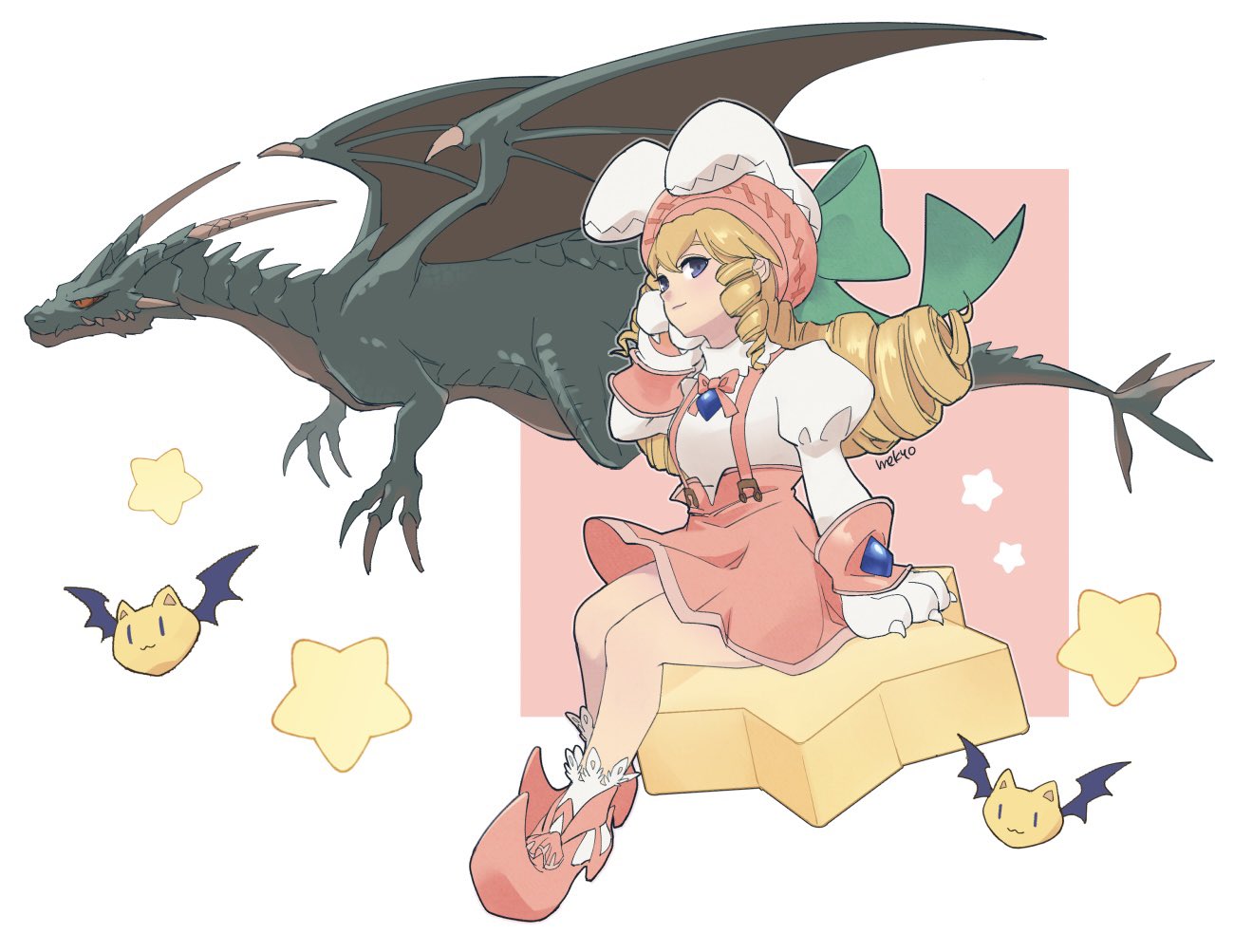 mekyo, fancy mel, dewprism, 1girl, animal ear headwear, blonde hair, blue eyes, fake animal ears, juliet sleeves, long sleeves, pink shoes, pink skirt, puffy sleeves, ringlets, shirt, shoes, sitting, skirt, smirk, socks, solo, suspender skirt, suspenders, white shirt, white socks