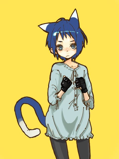 shimura nobuo, animal ears, blue hair, gloves, pantyhose, short hair, solo, tail