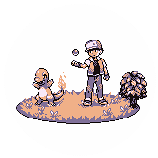 charmander, red (pokemon), nintendo, pokemon, pokemon rgby, commentary request, lowres, baseball cap, bush, fire, flame-tipped tail, full body, gen 1 pokemon, hat, jacket, male focus, pants, pixel art, poke ball, pokemon (creature), red-gpk, red theme, round image, shirt, standing, tail