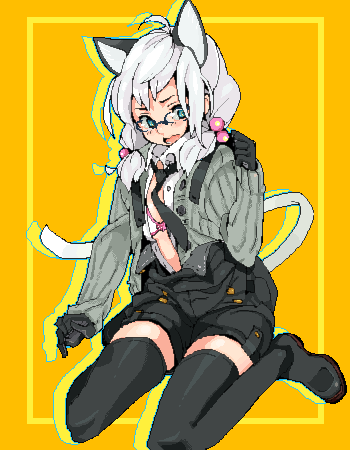 shimura nobuo, original, bad id, bad pixiv id, lowres, 1girl, animal ears, blue eyes, female focus, glasses, necktie, oekaki, open clothes, open shirt, shirt, solo, tail, thighhighs, twintails, white hair