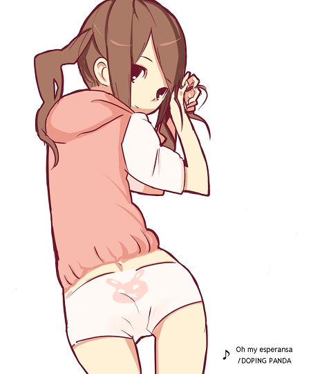 shimura nobuo, 1girl, adjusting hair, back, brown hair, female focus, looking back, musical note, panties, print panties, quaver, ruffling hair, solo, underwear