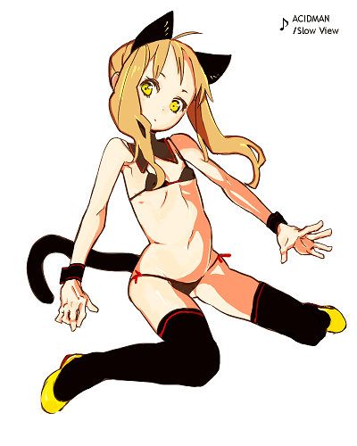 shimura nobuo, copyright request, lowres, 1girl, animal ears, blonde hair, bra, cat ears, cat tail, female focus, lingerie, loli, long hair, panties, solo, tail, thighhighs, underwear, underwear only, yellow eyes