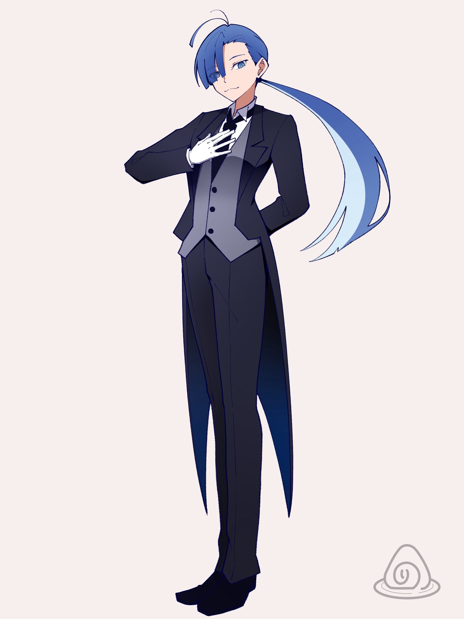 nori (norinori yrl), merry (ado), ado (utaite), readymade (ado), commentary request, highres, 1girl, :3, ahoge, black coat, black necktie, black pants, black shoes, blue eyes, blue hair, butler, closed mouth, coat, eyes visible through hair, grey background, grey vest, hair over one eye, hand on own chest, long hair, necktie, pants, ponytail, shoes, simple background, solo, vest