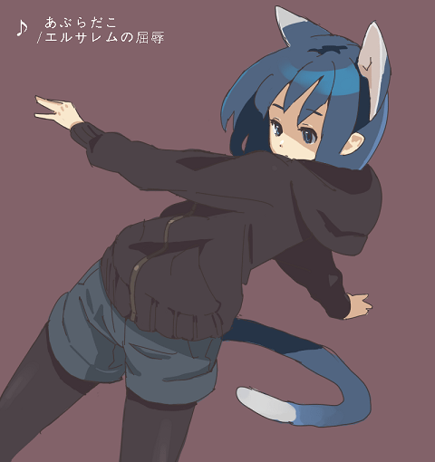 shimura nobuo, copyright request, 1girl, animal ears, blue eyes, blue hair, female focus, pantyhose, pantyhose under shorts, shorts, solo, tail