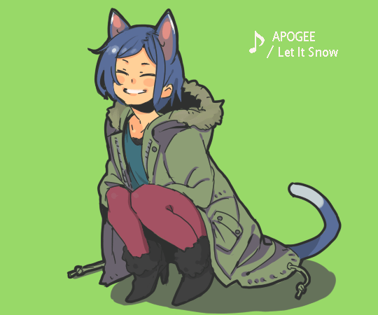 shimura nobuo, animal ears, blue hair, closed eyes, happy, jacket, pantyhose, solo, squatting, tail