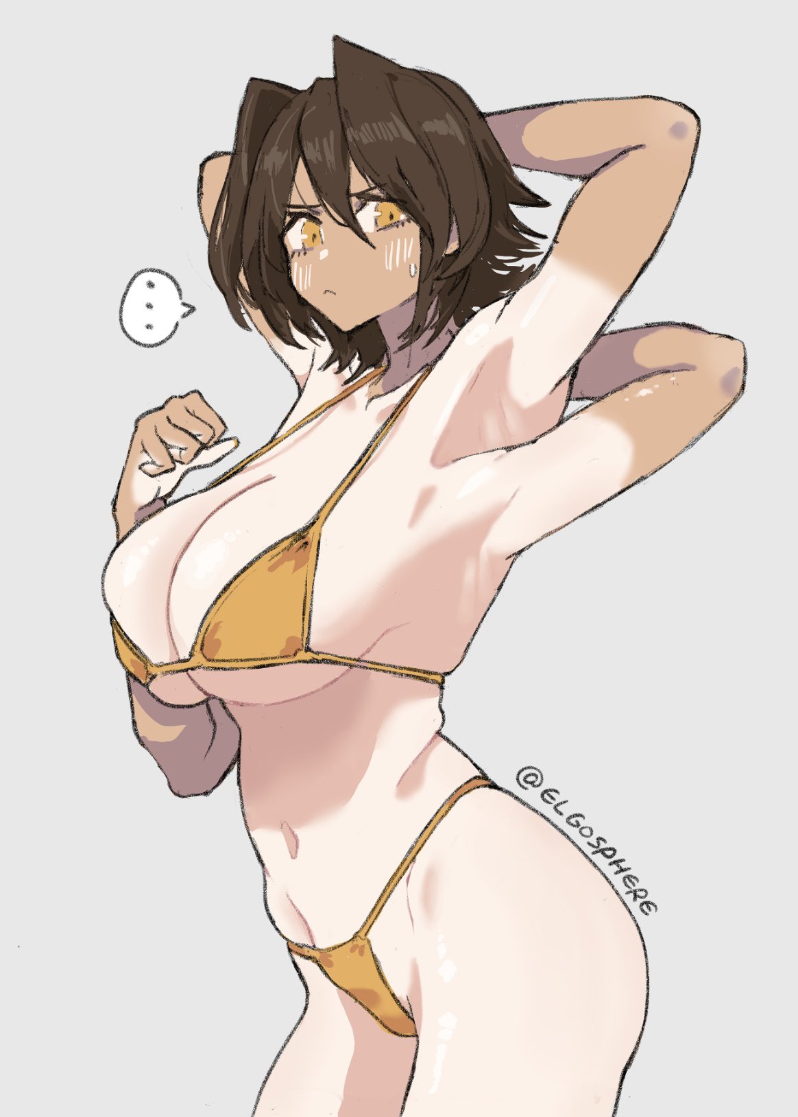 juusakai erugo, original, commentary request, highres, …, 1girl, :<, arm behind back, armpits, arms behind head, bikini, blush, breasts, brown hair, cleavage, closed mouth, cowboy shot, extra arms, grey background, hair between eyes, hand up, large breasts, looking at viewer, medium hair, navel, simple background, solo, speech bubble, spoken ellipsis, string bikini, sweatdrop, swimsuit, tan, twitter username, yellow bikini, yellow eyes