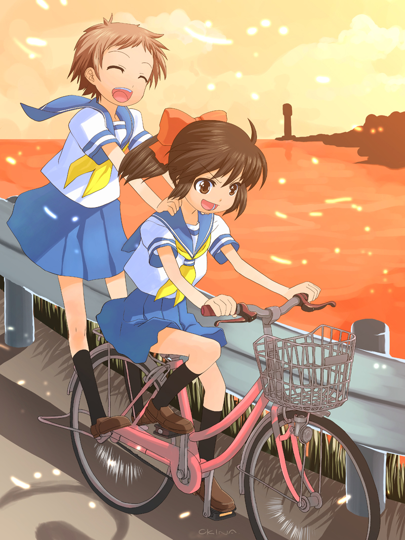 okina ika, original, bad id, bad pixiv id, >:d, 2girls, :d, ^ ^, bicycle, black socks, blouse, blue skirt, bow, closed eyes, grass, guard rail, hair bow, hands on another's shoulders, horizon, kneehighs, loafers, multiple girls, multiple riders, neckerchief, ocean, open mouth, outdoors, ponytail, riding, road, school uniform, serafuku, shirt, shoes, short hair, short sleeves, signature, skirt, sky, smile, socks, standing, sunset, v-shaped eyebrows, white shirt