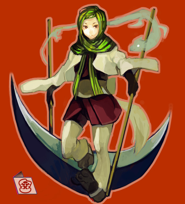 kawwa, bad id, bad pixiv id, gloves, green hair, scarf, scythe, solo, weapon