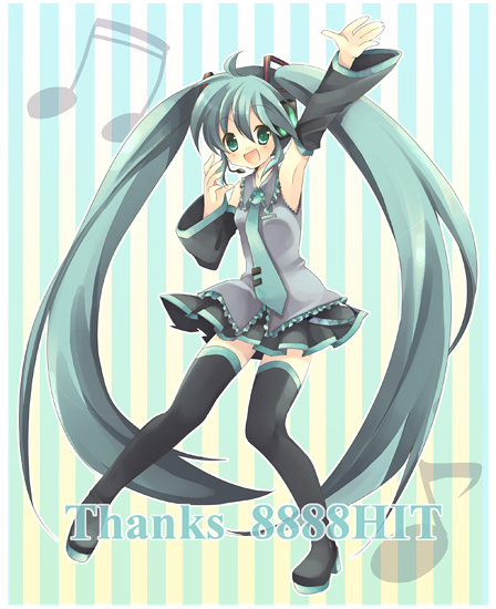 retei, hatsune miku, vocaloid, bad id, bad pixiv id, 1girl, aqua eyes, aqua hair, detached sleeves, female focus, headset, long hair, milestone celebration, musical note, necktie, quaver, rete, solo, thighhighs, twintails, very long hair