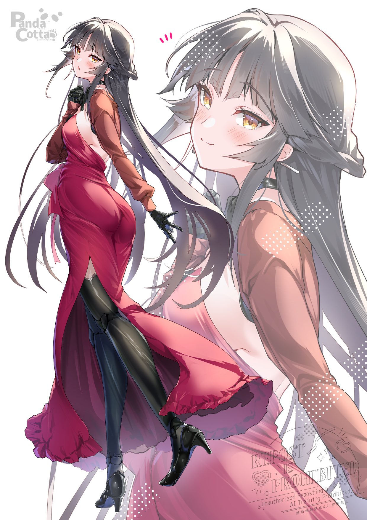 sasakuma kyouta, katou danzou (celebratory attire) (fate), katou danzou (fate), fate/grand order, fate (series), highres, 1girl, ass, black hair, black thighhighs, blush, bow, breasts, choker, dress, earrings, full body, high heels, jewelry, large breasts, long hair, long sleeves, looking at viewer, mechanical hands, open mouth, parted bangs, red dress, sidelocks, smile, thighhighs, yellow eyes, zoom layer