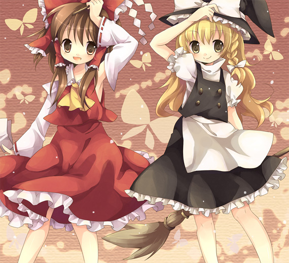 retei, hakurei reimu, kirisame marisa, touhou, bad id, bad pixiv id, 2girls, bare shoulders, blonde hair, braid, broom, broom riding, brown hair, detached sleeves, female focus, gohei, hat, japanese clothes, long hair, miko, multiple girls, ribbon, side braid, skirt, witch, witch hat