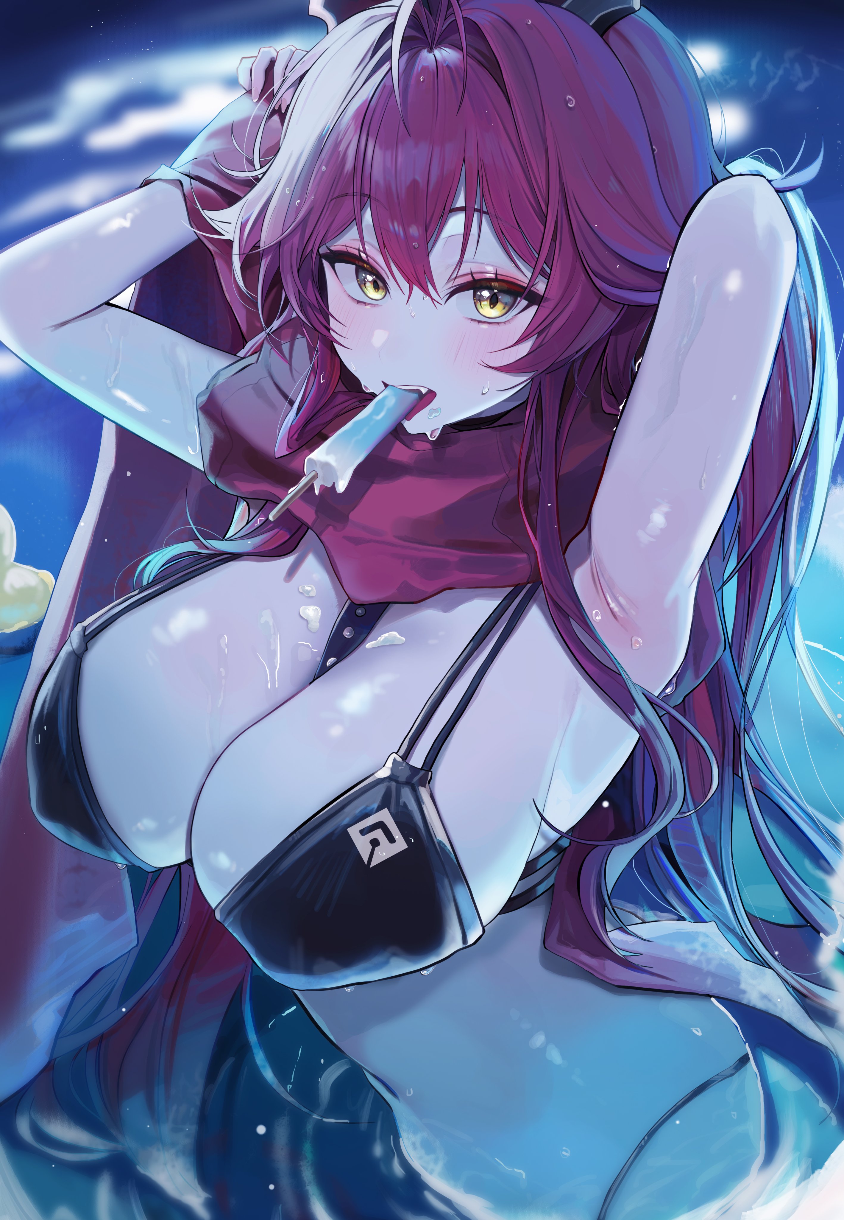 blance, red hood (nikke), goddess of victory: nikke, absurdres, highres, 1girl, armpits, bikini, black bikini, breasts, food, food in mouth, large breasts, long hair, looking at viewer, popsicle, popsicle in mouth, red scarf, scarf, swimsuit, teeth, upper teeth only, yellow eyes