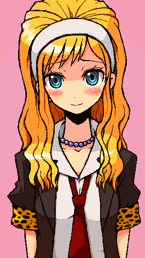 shirono, kibitsu momoka, sket dance, sketdance, 1girl, blonde hair, blue eyes, blush, female focus, headband, jewelry, long hair, looking at viewer, necklace, necktie, pink background, school uniform, serafuku, smile, solo
