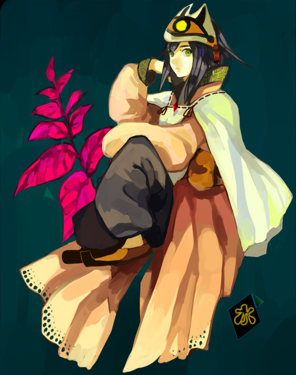 kawwa, bad id, bad pixiv id, tagme, green eyes, leaf, mask, plant, solo