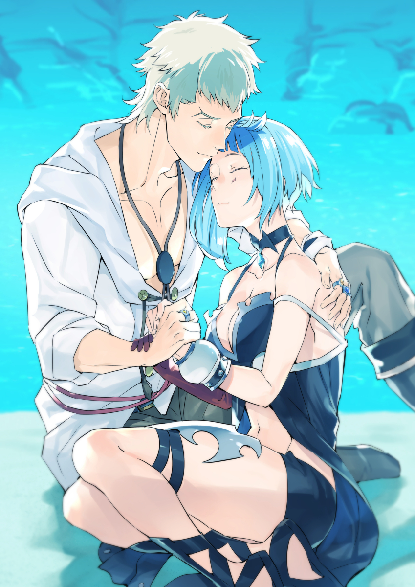 dasshu (dashi now), charioce xvii, nina dragnot, shingeki no bahamut: virgin soul, highres, 1boy, 1girl, black skirt, bracelet, breasts, choker, cleavage, closed eyes, closed mouth, collarbone, hand on another's back, holding hands, jewelry, necklace, outdoors, short hair, sititng, sitting, skirt