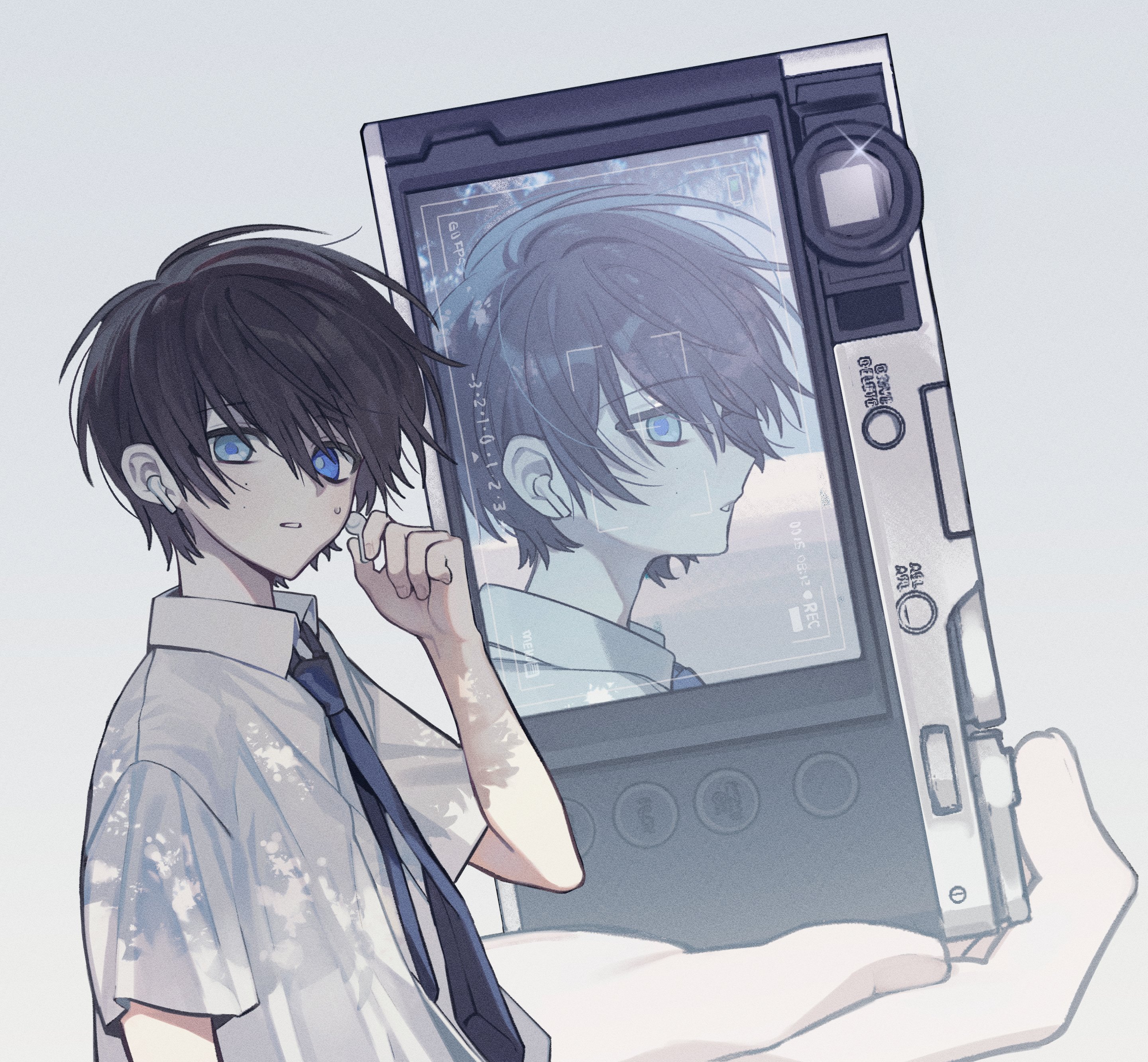 original, absurdres, highres, korean commentary, 1boy, black hair, blue eyes, blue necktie, collared shirt, flee on, grey background, hair between eyes, hand up, heterochromia, holding, looking at viewer, male focus, necktie, parted lips, shirt, short hair, short sleeves, simple background, sweatdrop, upper body, white background, white shirt