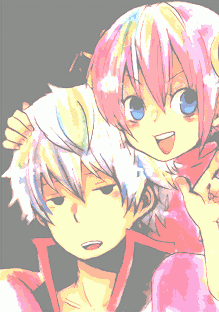tomoya (artist), kagura (gintama), sakata gintoki, gintama, hand gesture, silver hair, bad id, bad pixiv id, 00s, 1boy, 1girl, :d, blue eyes, collar, collarbone, half-closed eyes, looking at viewer, open mouth, pink hair, round teeth, short hair, smile, teeth
