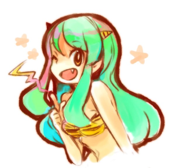 tomoya (artist), lum, urusei yatsura, bad id, bad pixiv id, 1girl, animal print, cone horns, fang, female focus, green hair, horns, long hair, one eye closed, orange eyes, solo, star (symbol), striped horns, tiger print, wink, yellow horns